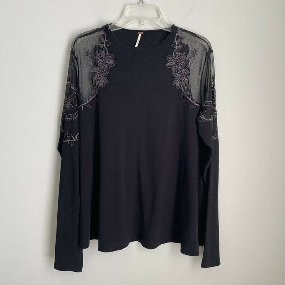 Free People Tops - Free People Black Daniella Top Embroidered Mesh Shoulder Ribbed Knit